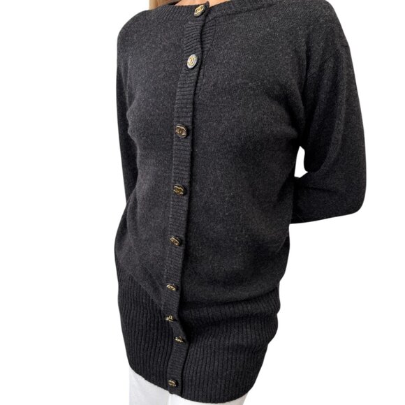 CHANEL Vintage CC Mark Logo Knit Sweater Button Dark Gray Gold Cashmere [106393] - Picture 4 of 12